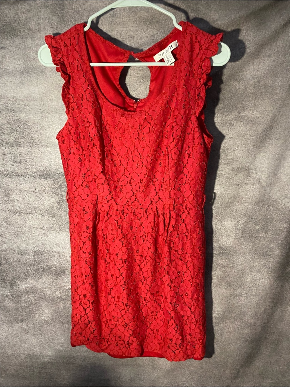 Forever 21 Red Floral Lace Mini Dress Womens Medium Cap Sleeve Keyhole Back Line